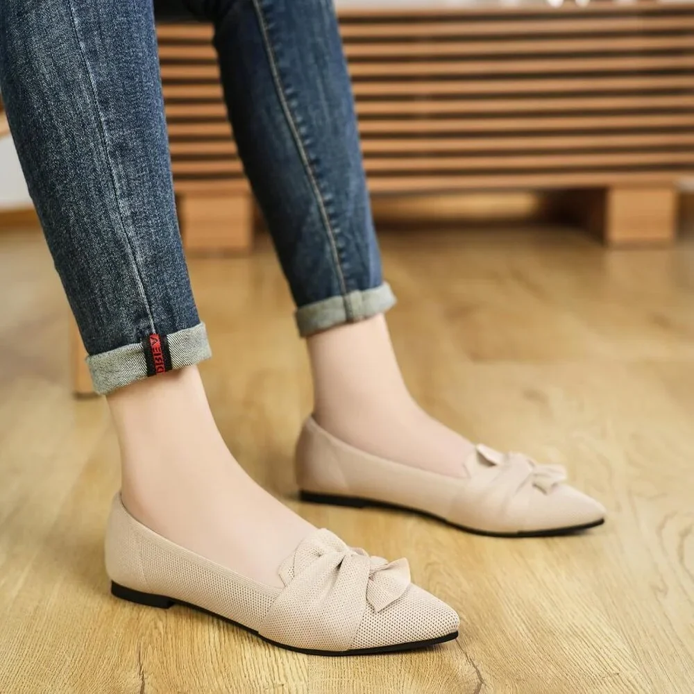 Women's Beige Pointed Toe Ballet Flats with Bow Comfortable Knit Dressy Flats - Picture 4 of 8